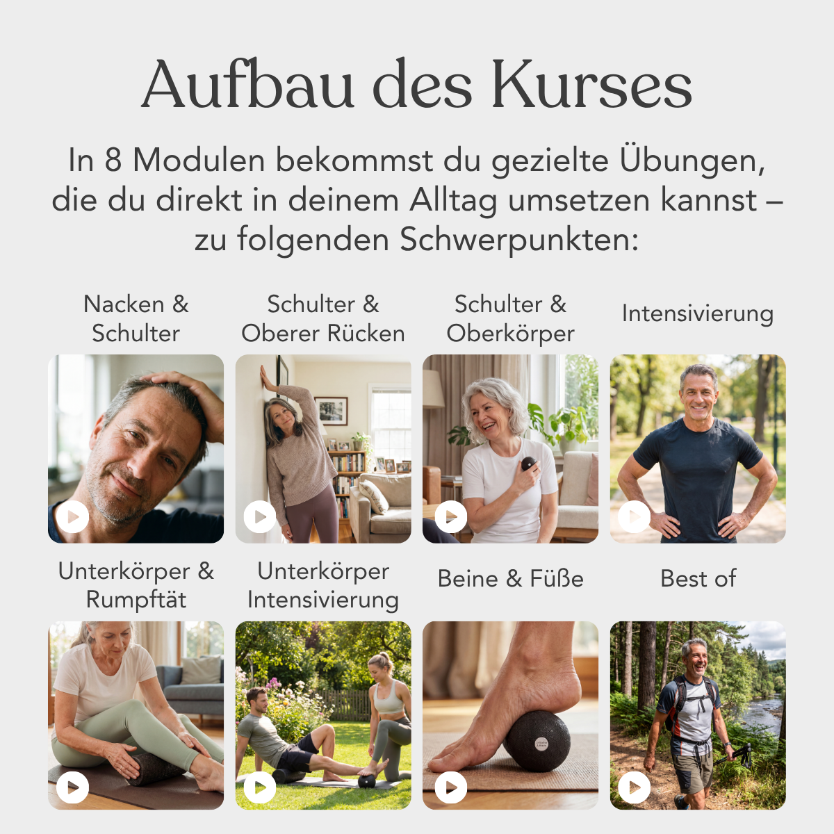 Ein Raster aus acht Bildern zeigt verschiedene Übungen aus dem „Funktionelles Faszientraining (Beweglichkeit)“ von Liebscher & Bracht – für Nacken, Schultern und den oberen Rücken –, die sowohl drinnen als auch draußen durchgeführt werden, um die Körperhaltung und die Bewegungskoordination zu verbessern.
