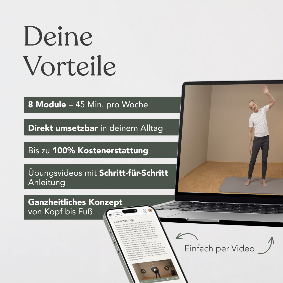 Bild mit Text, in dem die Vorteile des „Funktionellen Beweglichkeitstrainings für den ganzen Körper“ von Liebscher & Bracht aufgeführt sind. Zeigt 8 Module, einfache Integration, Bewegungskoordination, Schritt-für-Schritt-Anleitung, ganzheitlicher Ansatz und Geld-zurück-Garantie.