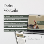 Ein Laptop und ein Smartphone zeigen den Kurs „Präventives Beweglichkeitstraining für die Knie“ von Liebscher & Bracht. Vorteile: 8 Module, Schritt-für-Schritt-Anleitung, 100 % Kostenerstattung.