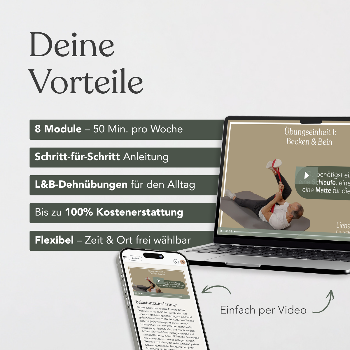 Ein Laptop und ein Smartphone zeigen den Kurs „Präventives Beweglichkeitstraining für die Knie“ von Liebscher & Bracht. Vorteile: 8 Module, Schritt-für-Schritt-Anleitung, 100 % Kostenerstattung.