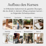 Die Grafik zum Kurs „Präventives Beweglichkeitstraining für die Knie“ von Liebscher & Bracht zeigt acht modulbezogene Fotos zu den Themen Fundament, Streckseite, Beugeseite, Wiederholung, Stabilität, Streckung, Beweglichkeit und Best of.