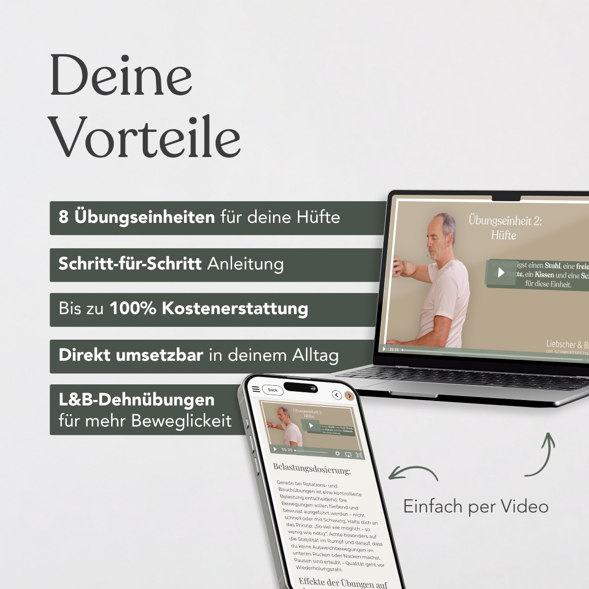 Auf einem Laptop wird das Online-Training „Präventives Beweglichkeitstraining für die Hüfte“ von Liebscher & Bracht gezeigt, daneben liegt ein Smartphone mit Anleitungen. Text: „Deine Vorteile“ – inklusive Trainingseinheiten, Anleitungen und Kostenerstattung.