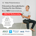 Ein Mann sitzt auf einem Stuhl und demonstriert eine Rückenübung. Der Text wirbt für „Funktionelles Beweglichkeitstraining für den Rücken“ von Liebscher & Bracht – bis zu 100 % Kostenübernahme durch die Krankenkasse, inklusive kostenlosem Rücken-Trainingsgerät; darunter sind die Logos der Krankenkassen abgebildet.