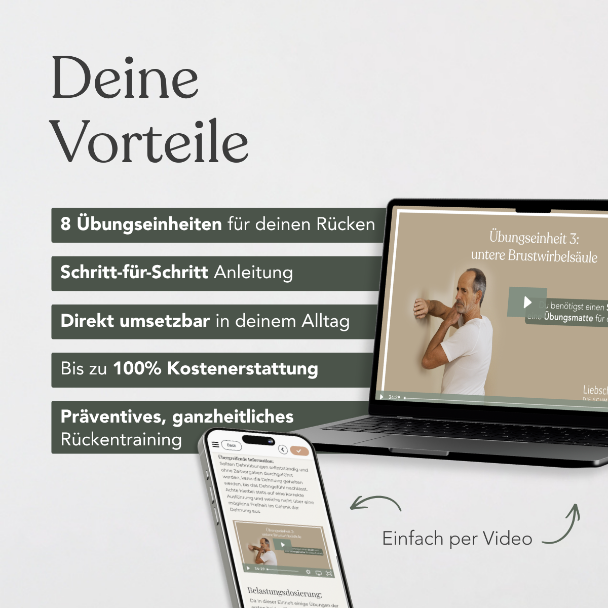 Auf dem Laptop und dem Smartphone wird der Online-Kurs „Funktionelles Beweglichkeitstraining für den Rücken“ von Liebscher & Bracht angezeigt: 8 Einheiten, Schritt-für-Schritt-Anleitungen, Verbesserung der Körperhaltung, 100 % kostenlos, ganzheitliches Bewegungskonzept.