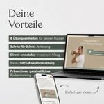 Auf dem Laptop und dem Smartphone wird der Online-Kurs „Funktionelles Beweglichkeitstraining für den Rücken“ von Liebscher & Bracht angezeigt: 8 Einheiten, Schritt-für-Schritt-Anleitungen, Verbesserung der Körperhaltung, 100 % kostenlos, ganzheitliches Bewegungskonzept.