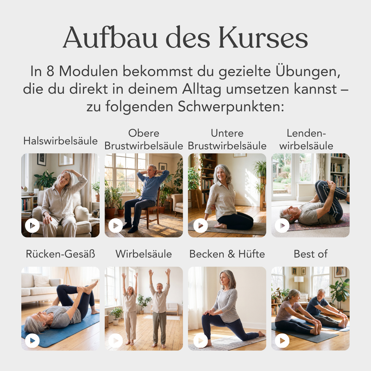Acht Fotos zeigen Übungen für verschiedene Rückenbereiche, jeweils mit Beschriftung. Der 8-teilige Kurs „Funktionelles Beweglichkeitstraining für den Rücken“ von Liebscher & Bracht verbessert Ihre Körperhaltung durch gezielte Dehnübungen.