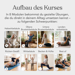 Acht Fotos zeigen Übungen für verschiedene Rückenbereiche, jeweils mit Beschriftung. Der 8-teilige Kurs „Funktionelles Beweglichkeitstraining für den Rücken“ von Liebscher & Bracht verbessert Ihre Körperhaltung durch gezielte Dehnübungen.