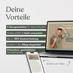 Ein Laptop und ein Smartphone präsentieren das „Funktionelles Beweglichkeitstraining für die Schulter“ von Liebscher & Bracht mit acht leicht nachzumachenden Schulterübungen. Der Text hebt Vorteile wie die Erstattungsfähigkeit, die tägliche Einbindung in den Alltag und das präventive Beweglichkeitstraining per Video hervor.