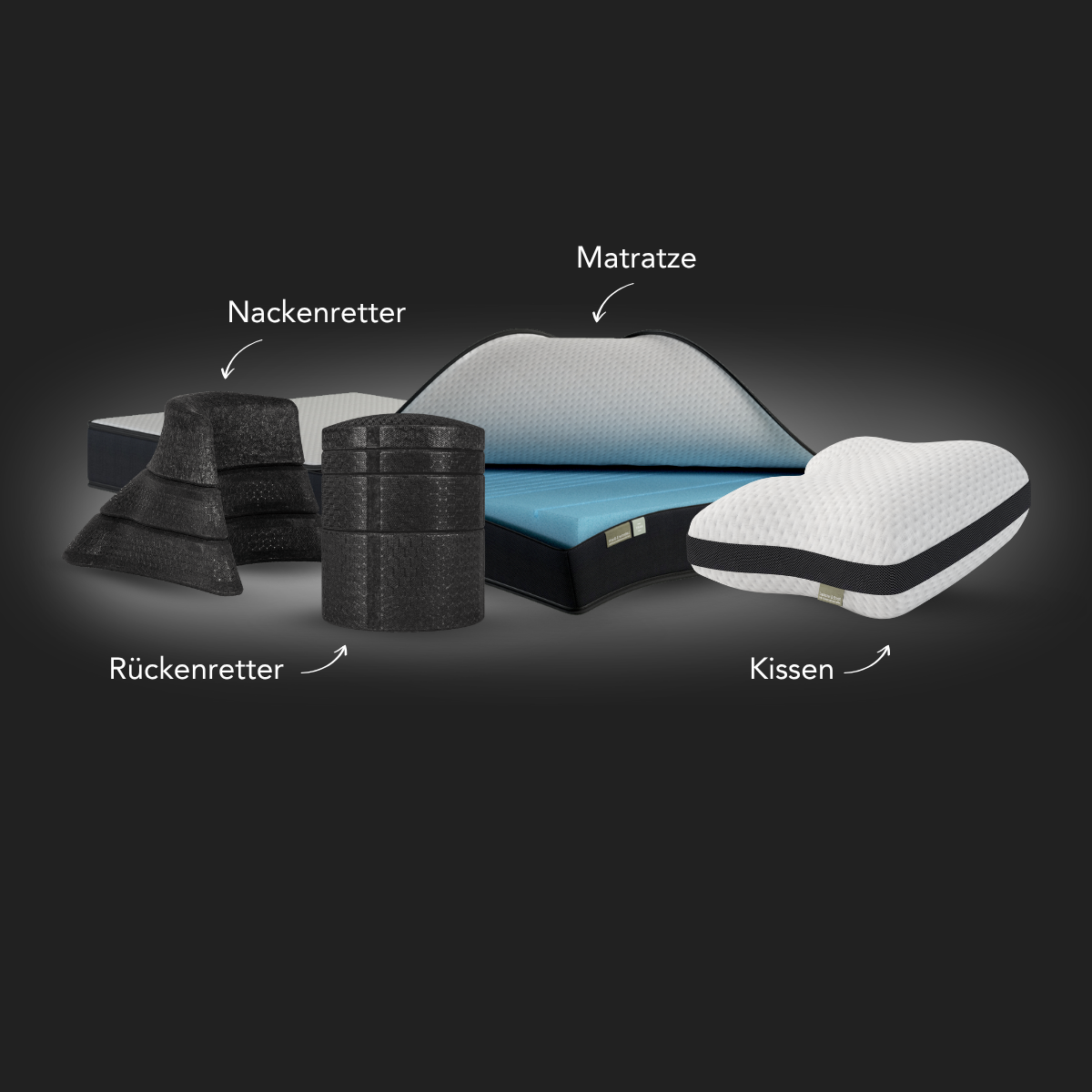 Auf dunklem Hintergrund sind vier beschriftete Liebscher & Bracht-Produkte aus dem "Dein Nacken-Rücken-Paket" abgebildet: zwei schwarze Lattenroste, zwei aufgerollte Lattenroste, eine blau-weiße Matratze und ein weißes herzförmiges Kopfkissen.