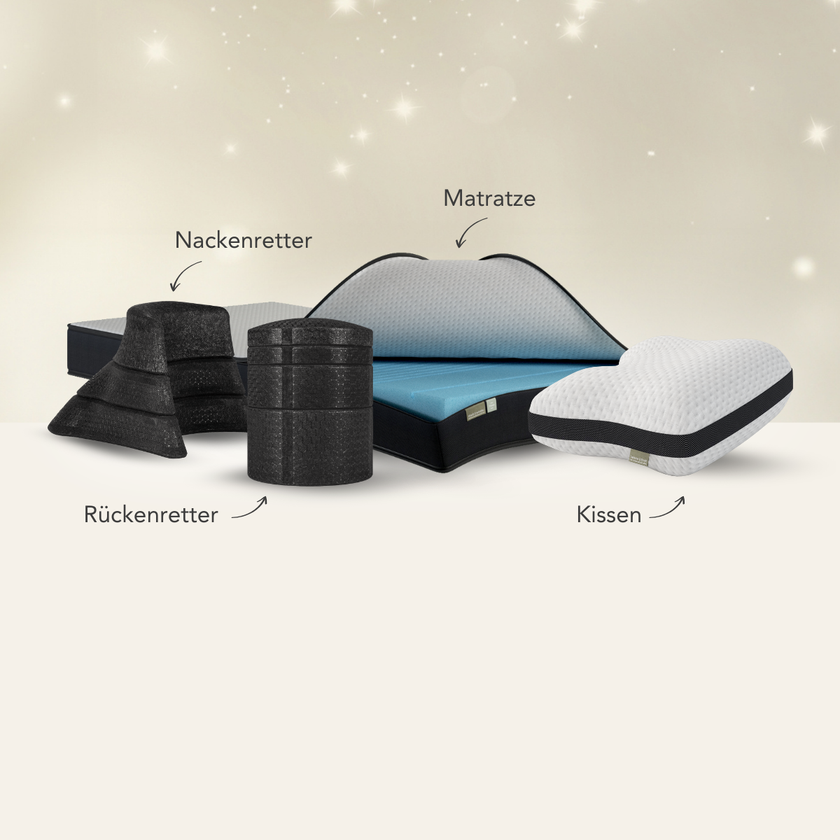 Das schwarz-weiße Liebscher & Bracht-Schlafset "Dein Nacken-Rücken-Paket" enthält Rücken- und Nackenstützen, eine Matratze mit blauer Innenseite und ein herzförmiges Kissen mit der Aufschrift "Nackenretter, Matratze, Rückenretter, Kissen".