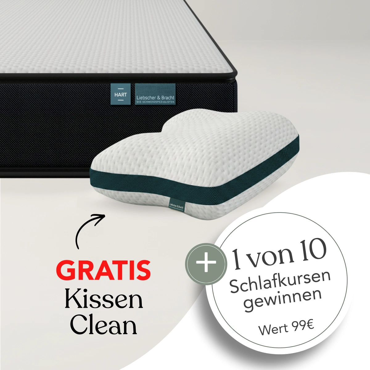 Eine feste Matratze Clean mit einem ergonomischen Kissen im Vordergrund, bei der ein kostenloses Kissen angeboten wird und die Chance besteht, einen Schlafkurs im Wert von 99 € zu gewinnen; dabei wird die wendbare Matratze mit einem ergonomischen Stützbereich hervorgehoben.