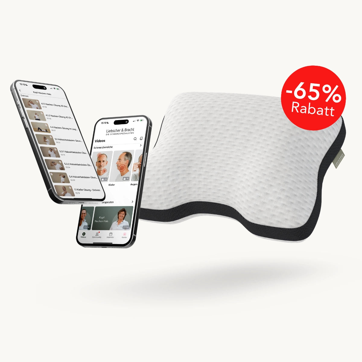 Ein Liebscher & Bracht Aktiv-Set (1 Jahr App + Kissen) mit einem konturierten Kissen und zwei Smartphones, auf denen Videos von Menschen zu sehen sind, sowie einem roten Kreis, der auf einem weißen Hintergrund einen Rabatt von 65 % anzeigt.