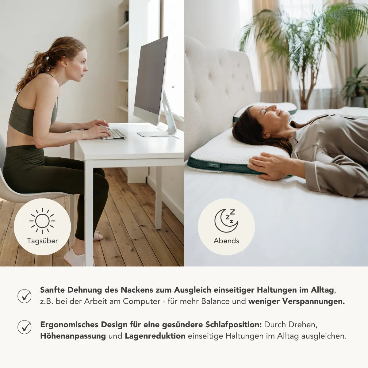 Links: Frau am Schreibtisch, aufrecht sitzend vor einem Computer. Rechts: Eine Frau liegt entspannt auf einem Bett und benutzt möglicherweise das Liebscher & Bracht Kissen Clean+. Unten: Deutscher Text und Piktogramme zu Nackenstreckung und ergonomischem Schlaf.