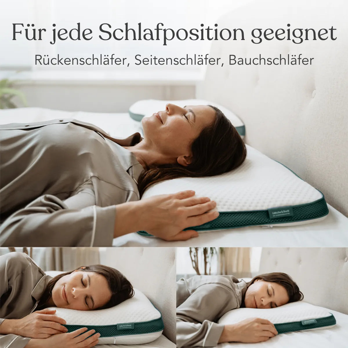 Eine Frau zeigt verschiedene Schlafpositionen-Rücken, Seite und Bauch-auf einem Bett mit dem weißen und grünen Kissen Clean+ von Liebscher & Bracht. Das Kissen passt sich ideal jeder Schlafposition an.