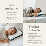 Ein Mann und eine Frau ruhen zufrieden auf Liebscher & Bracht Kissen Clean+-ideal für Rückenlage und verschiedene Schlafpositionen. Frei durchatmen: Weniger Milben, weniger Staub. Frisch schlafen: Hygienisch, waschbar, für Allergiker entwickelt.