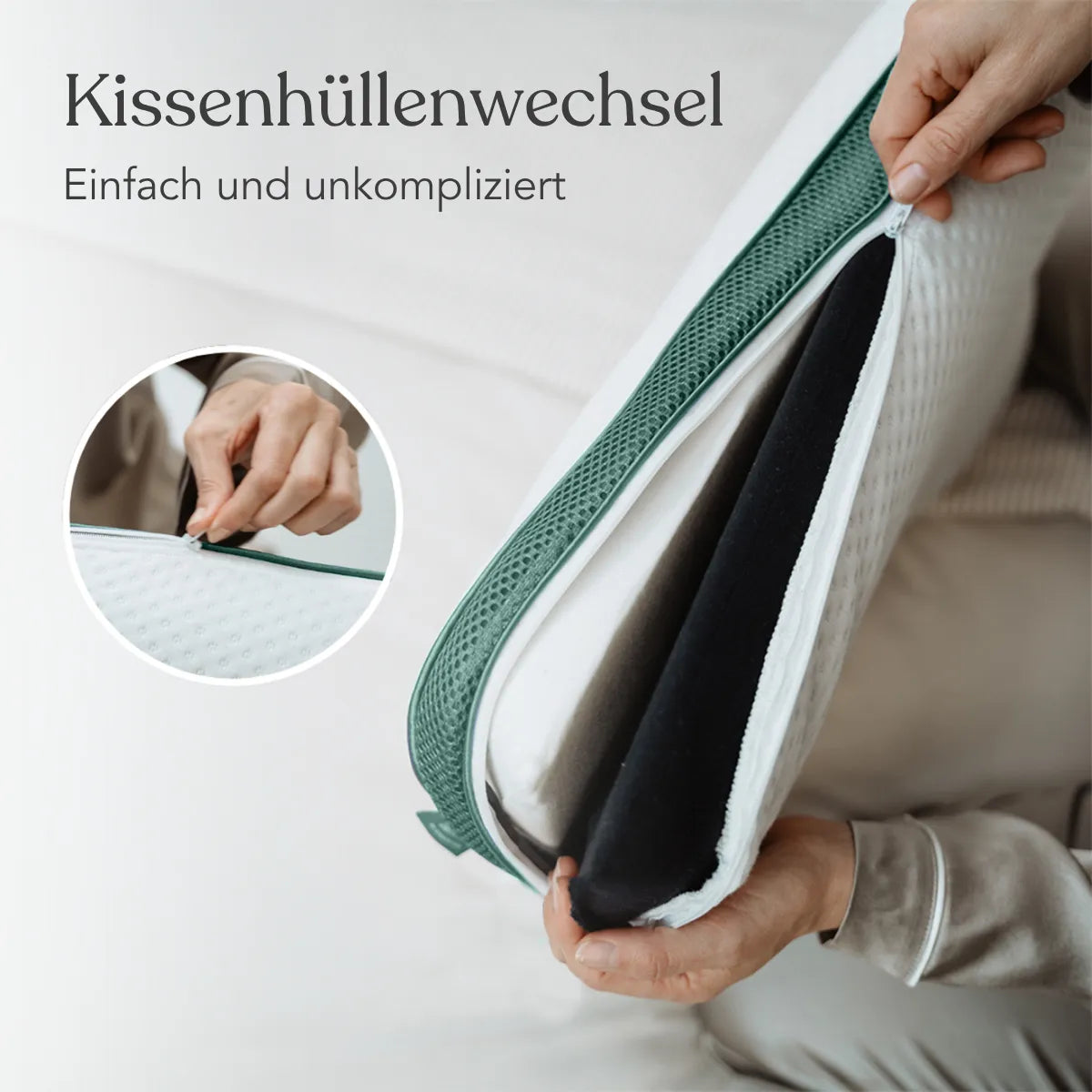Eine Person wechselt eine Clean+ Kissenhülle von Liebscher & Bracht mit Hilfe des grünen Reißverschlusses. Ein Einschub zeigt eine Nahaufnahme des Öffnens. Text auf Deutsch: "Kissenhüllenwechsel. Einfach und unkompliziert.