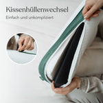 Eine Person wechselt eine Clean+ Kissenhülle von Liebscher & Bracht mit Hilfe des grünen Reißverschlusses. Ein Einschub zeigt eine Nahaufnahme des Öffnens. Text auf Deutsch: "Kissenhüllenwechsel. Einfach und unkompliziert.