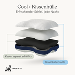 Die Explosionsansicht eines Kissens hebt die Cool+ Kissenhülle von Liebscher & Bracht hervor, mit dem Hinweis, dass sie separat erhältlich ist. Der Text lautet: "Cool+ Kissenhülle - Erfrischender Schlaf, jede Nacht.