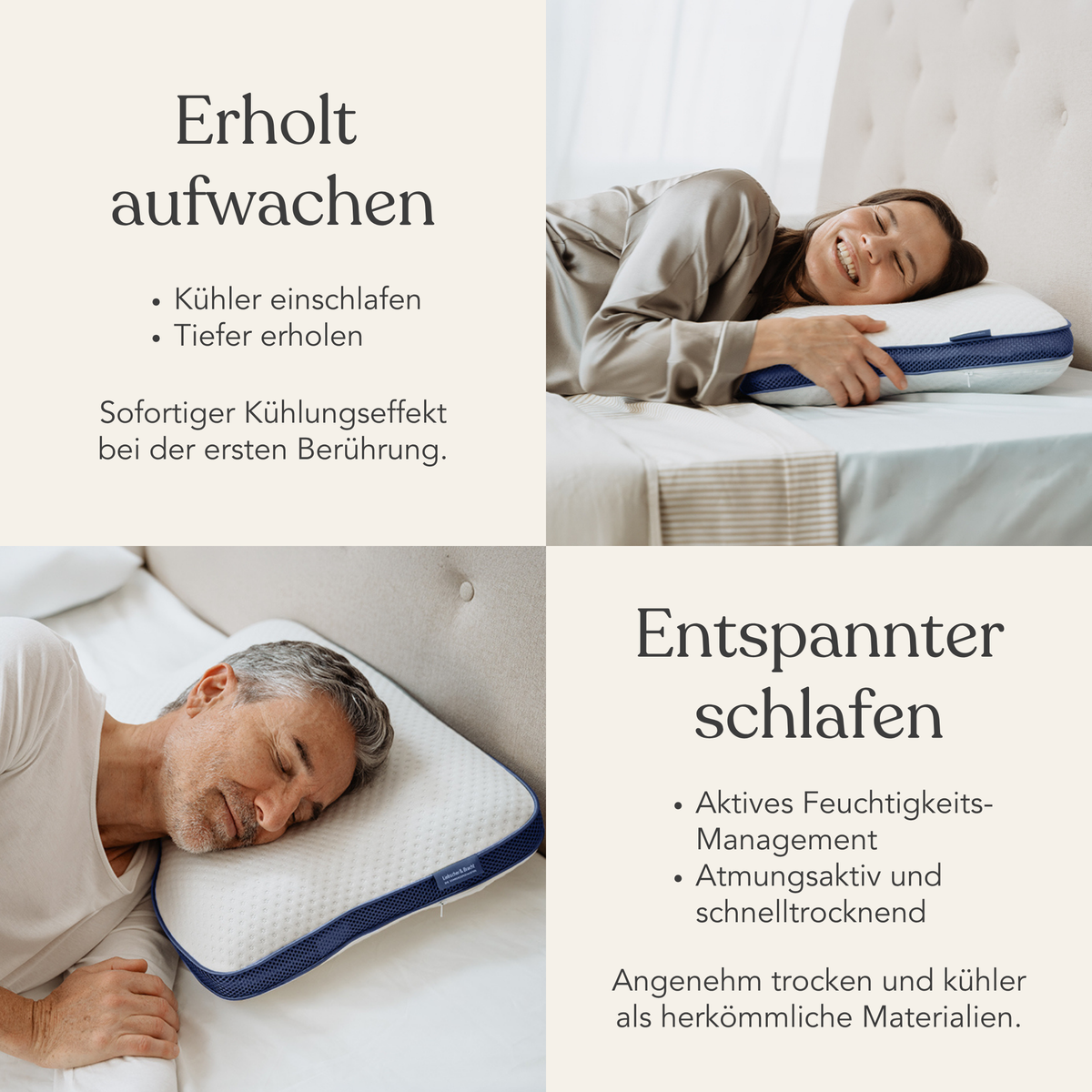 Eine lächelnde Frau und ein Mann liegen auf Betten mit weißen und blauen Kissen. Der deutsche Text hebt die Liebscher & Bracht Cool+ Kissenhülle hervor und wirbt für ihre kühlenden, feuchtigkeitsregulierenden und komfortablen Eigenschaften für einen erholsamen Schlaf.