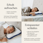 Eine lächelnde Frau und ein Mann liegen auf Betten mit weißen und blauen Kissen. Der deutsche Text hebt die Liebscher & Bracht Cool+ Kissenhülle hervor und wirbt für ihre kühlenden, feuchtigkeitsregulierenden und komfortablen Eigenschaften für einen erholsamen Schlaf.