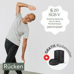 Ein Mann in einem grauen T-Shirt demonstriert "Funktionelles Beweglichkeitstraining für den Rücken" von Liebscher & Bracht. Der deutsche Text erwähnt eine Versicherungserstattung, eine Zertifizierung und ein kostenloses Schaumstoffrollenset. Am unteren Rand steht "Rücken".