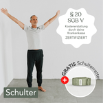Ein Mann hebt die Arme, um sich in der Halle zu strecken - mit "Funktionelles Beweglichkeitstraining für die Schulter" von Liebscher & Bracht. § 20 SGB V Kostenerstattung möglich. GRATIS Schulterretter und präventive Übungen für mehr Schulter-Mobilität!.