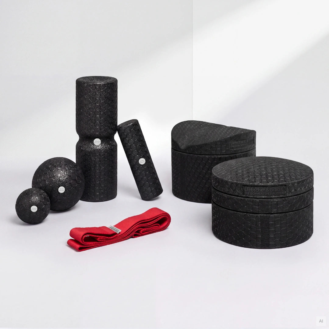 Dein Rücken-Paket enthält ein Set aus schwarzen Massagewalzen und -bällen aus Schaumstoff sowie ein rotes Widerstandsband für das Faszientraining.