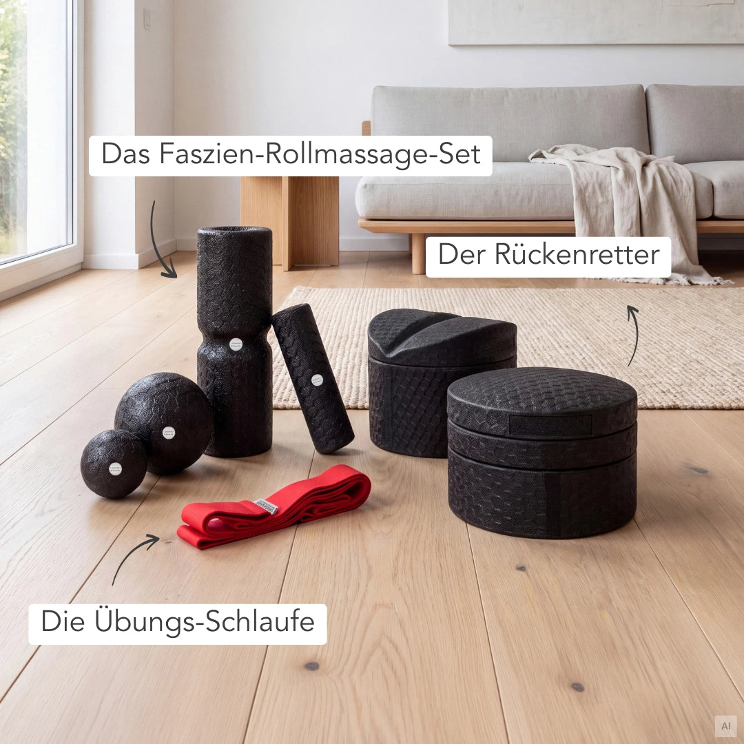 Ein Dein Rücken-Paket von Liebscher & Bracht, bestehend aus schwarzen Massagerollen und -bällen aus Schaumstoff, einem roten Widerstandsband sowie zwei schwarzen, runden orthopädischen Keilkissen auf einem Holzboden.