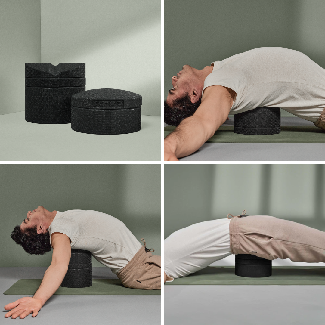 Eine Collage zeigt einen Mann, der das Liebscher & Bracht Rückenretter + MSM-Wärmeroller Set zur Rückenunterstützung auf einer Yogamatte benutzt; zwei Bilder zeigen nur das Produkt, während zwei Bilder unterstützte Dehnungen mit dem Rückenretterblock zeigen.