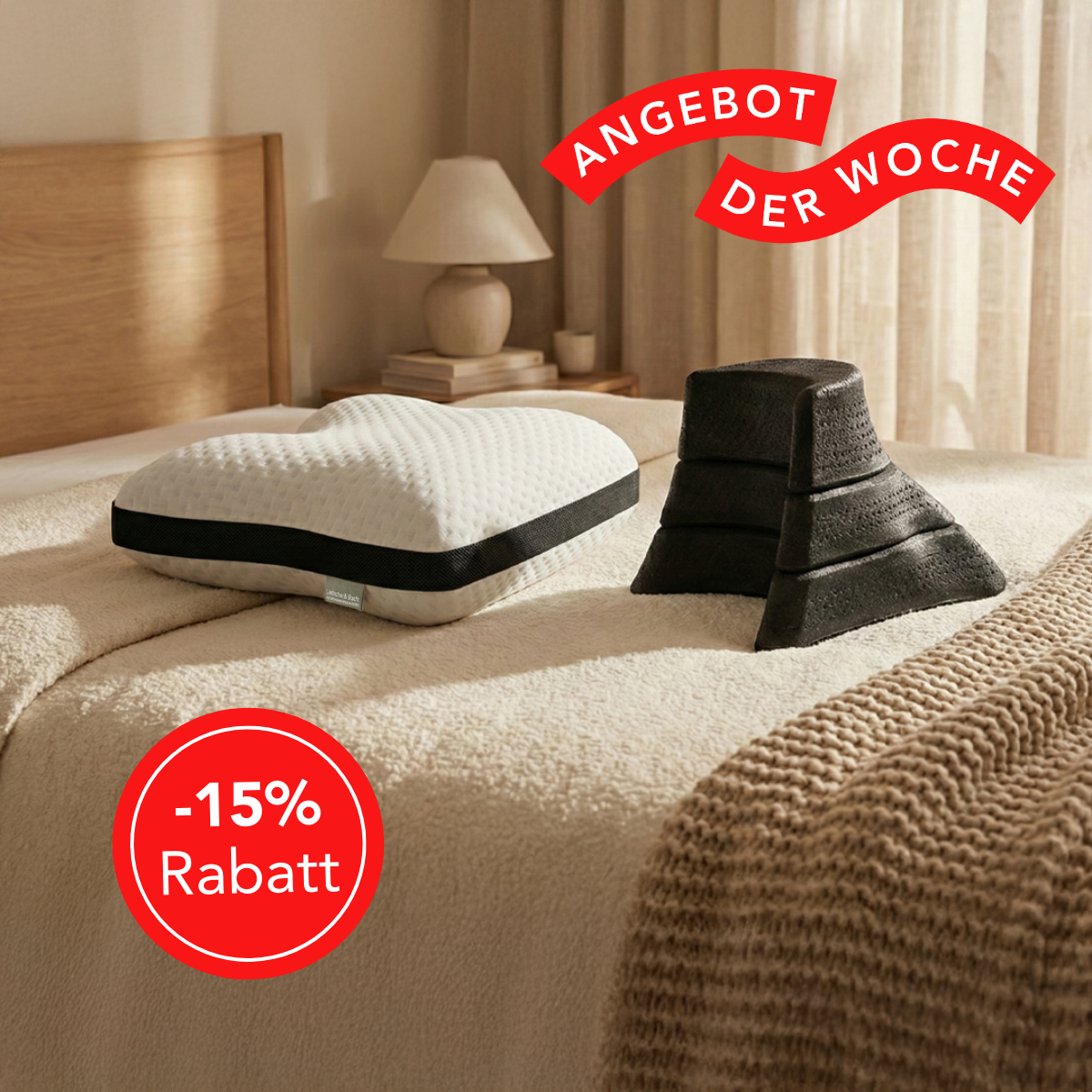 Das Liebscher & Bracht Kissen + Nackenretter Set ruht auf einem ordentlich gemachten Bett in einem gemütlichen Zimmer. Ein deutscher Text sagt "Angebot der Woche" und ein roter Kreis hebt "-15% Rabatt" hervor.