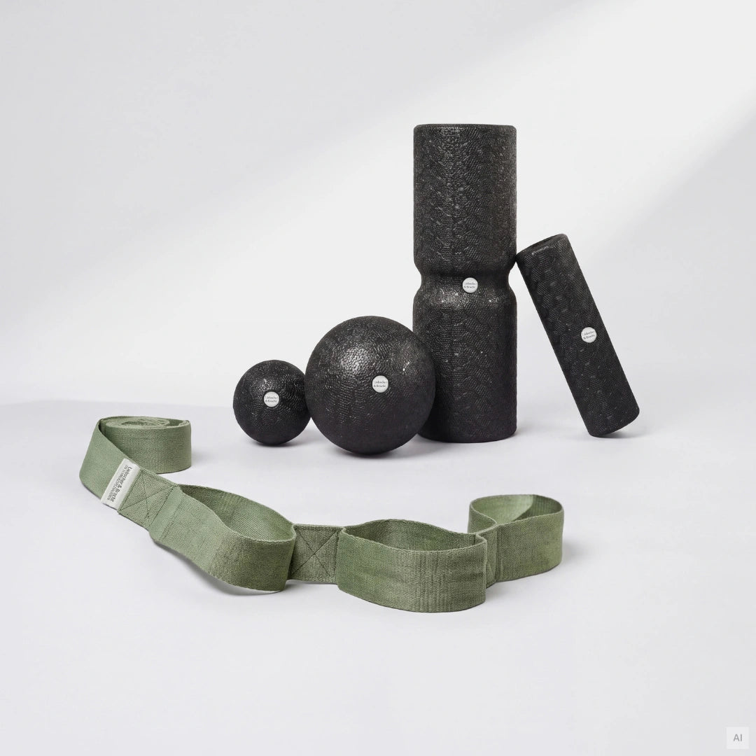 Dein Schulter-Paket enthält zwei schwarze, strukturierte Faszienkugeln, zwei schwarze Faszienrollen in verschiedenen Größen und einen grünen Trainingsgurt aus Stoff.