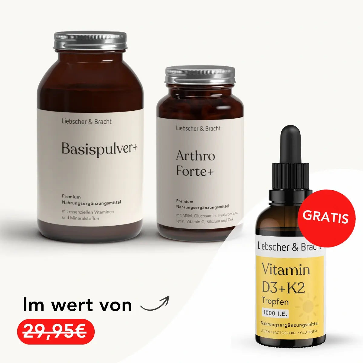 Drei Nahrungsergänzungsmittelflaschen mit der Aufschrift „Liebscher & Bracht ALL IN ONE – Arthro-Paket (Pulver+Kapseln)“, versehen mit einem roten „GRATIS“-Aufkleber und dem durchgestrichenen alten Preis von 29,95 €. Der Text lautet: „Im Wert von – genießen Sie hochwertige Mikronährstoffe für Ihre Gesundheit.“.