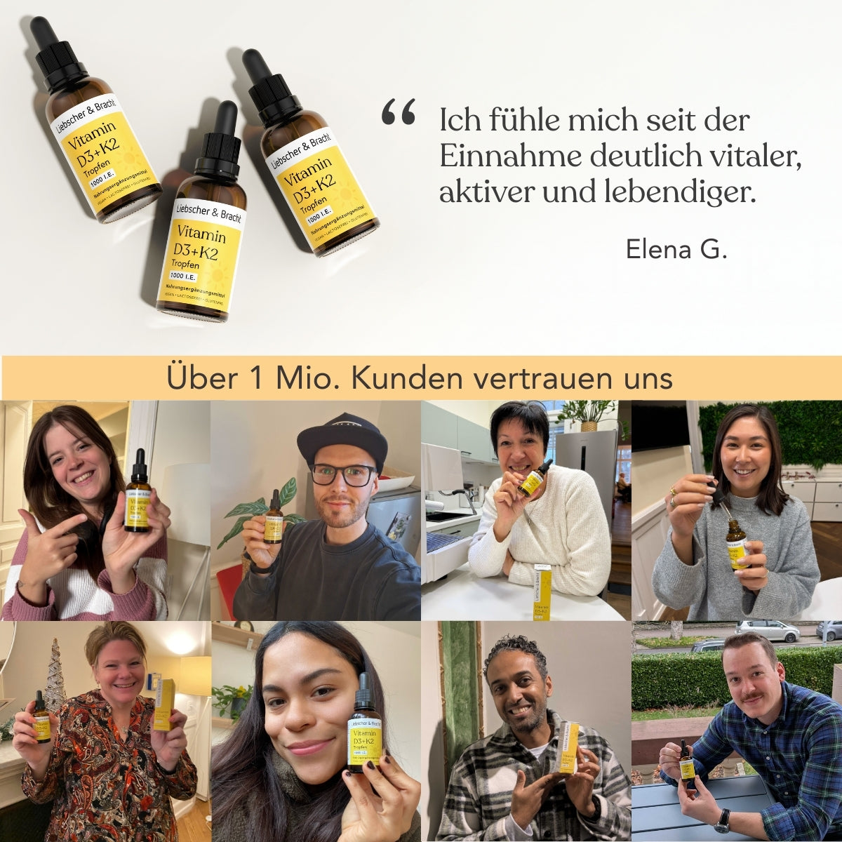 Eine Collage zeigt drei Flaschen Liebscher & Bracht Vitamin D3+K2VITAL® Tropfen, ein deutsches Testimonial von Elena G. und acht lächelnde Anwender, die das Produkt neben einem Banner halten: "Über 1 Mio. Kunden vertrauen uns.