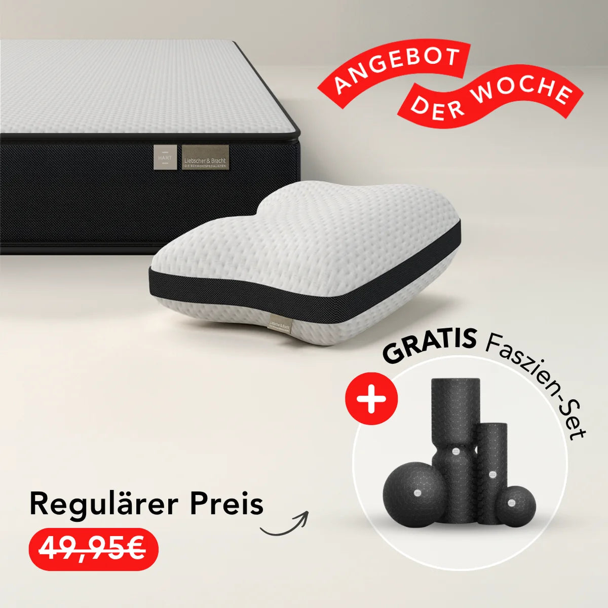 Das Schlafset: Matratze + Kissen von Liebscher & Bracht wird im Rahmen einer „Angebot der Woche“-Aktion beworben. Der reguläre Preis von 49,95 € ist durchgestrichen, und im Angebot ist ein kostenloses Bezugs-Set enthalten.