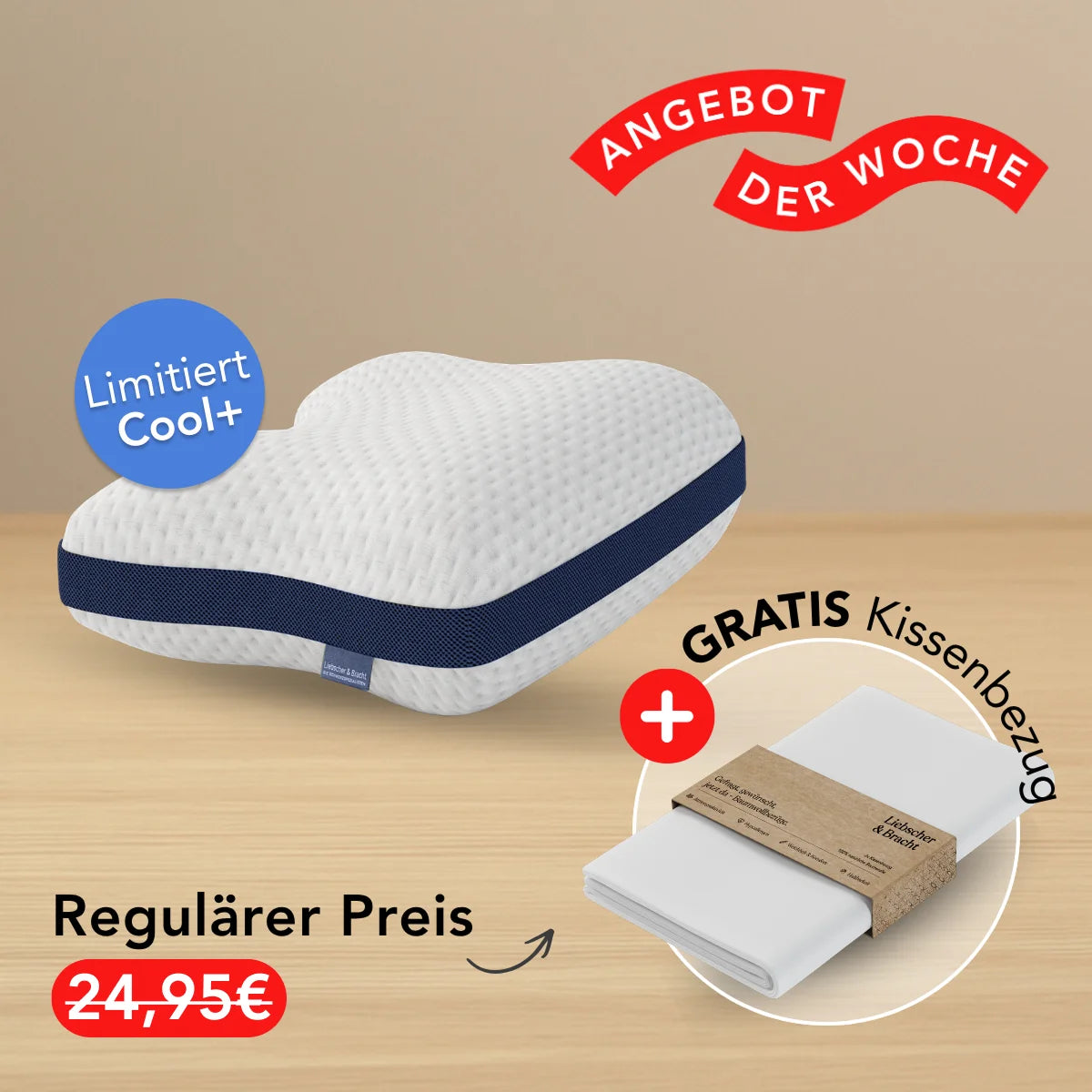 Das Liebscher & Bracht Kissen Cool+ ist ein weißes, ergonomisches Kissen mit blauer Zierlinie und Strukturbezug. Passend für verschiedene Schlafpositionen, inkl. kostenlosem Kissenbezug. Aktionspreis statt 24,95 €, nur diese Woche!.