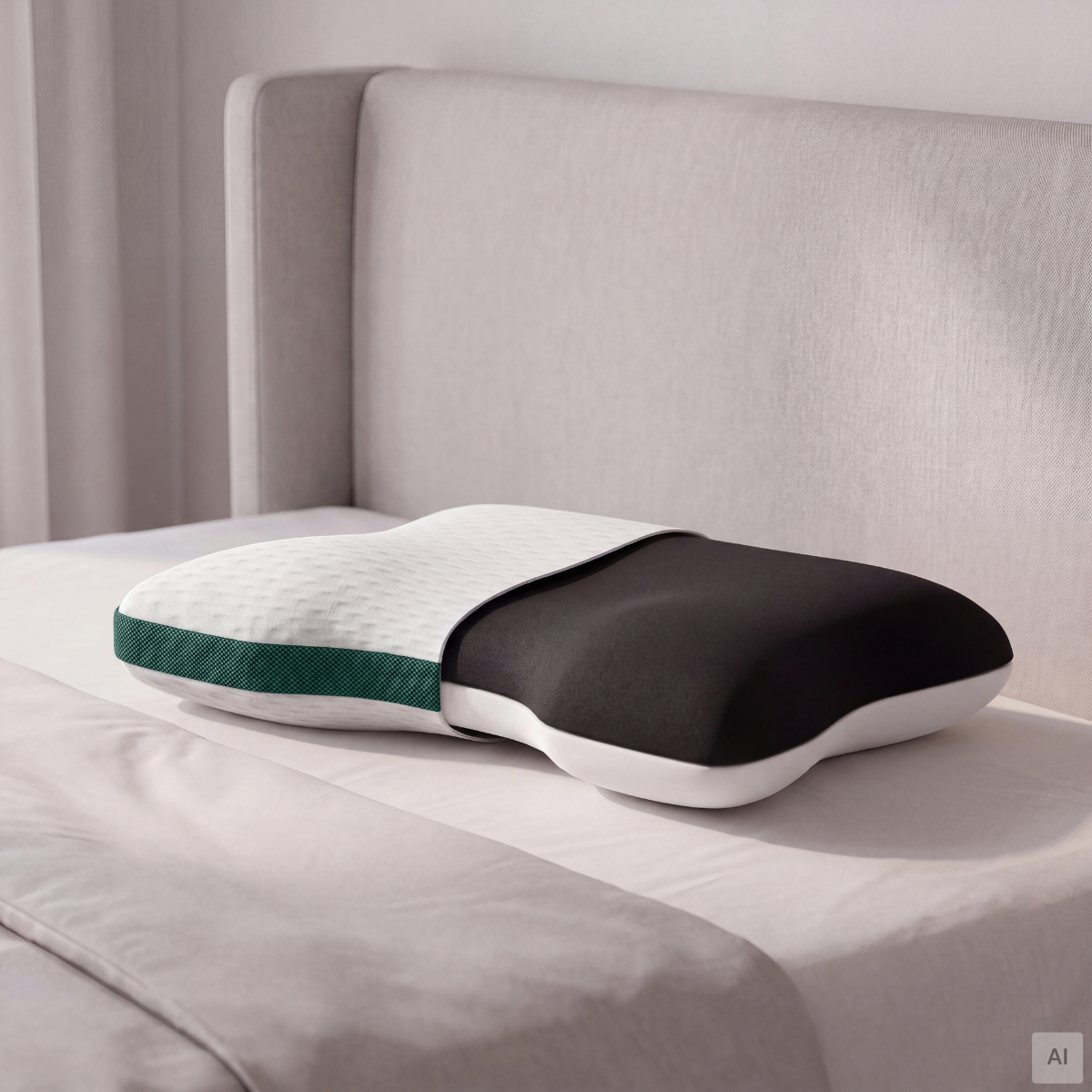 Das ergonomische Kissen Contoured Kissen Clean von Liebscher & Bracht mit weißer Oberseite und dunkelgrauem Seitenprofil liegt auf einem Bett und sorgt für bequemen Halt.
