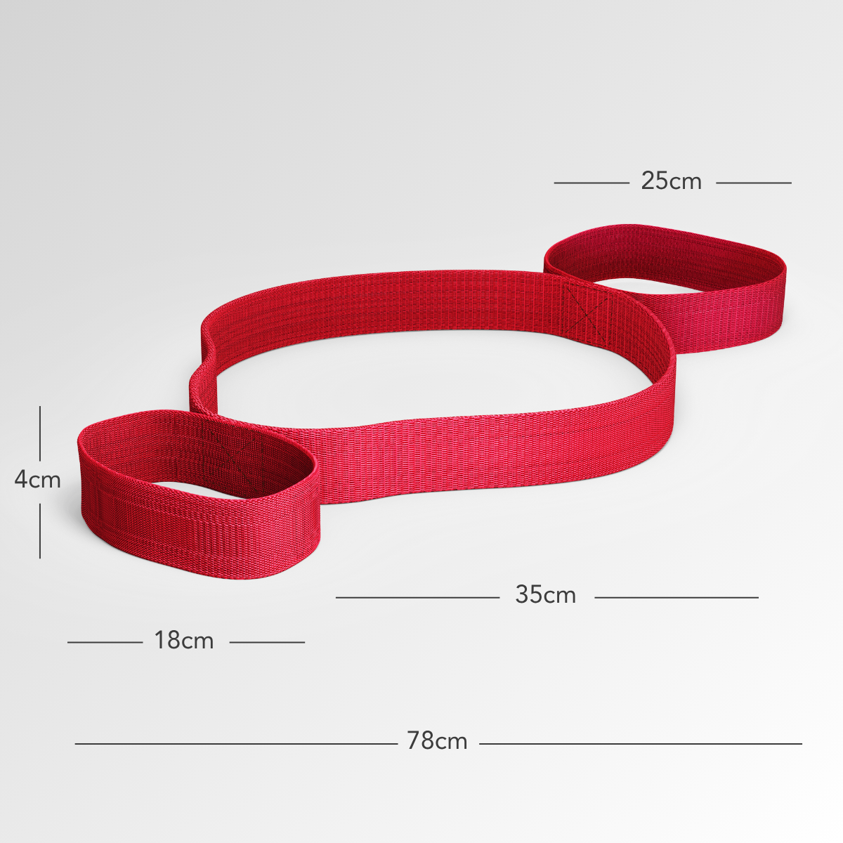 Die Liebscher & Bracht Übungs-Schlaufe ist eine rote Stoffschlinge mit drei Abschnitten (25 cm, 35 cm, 18 cm), einer Gesamtlänge von 78 cm und einer Breite von 4 cm – ideal für gezielte Übungen und Dehnungen. Abgebildet auf weißem Hintergrund.