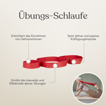 Das Liebscher & Bracht Dein Komplett-Paket bietet eine rote Übungsschlaufe mit Vorteilen wie mehr Trainingsintensität, Unterstützung bei Dehnungen und Kräftigung. Im Bild benutzt eine Frau die Schlaufe beim Dehnen als Rückenretter.