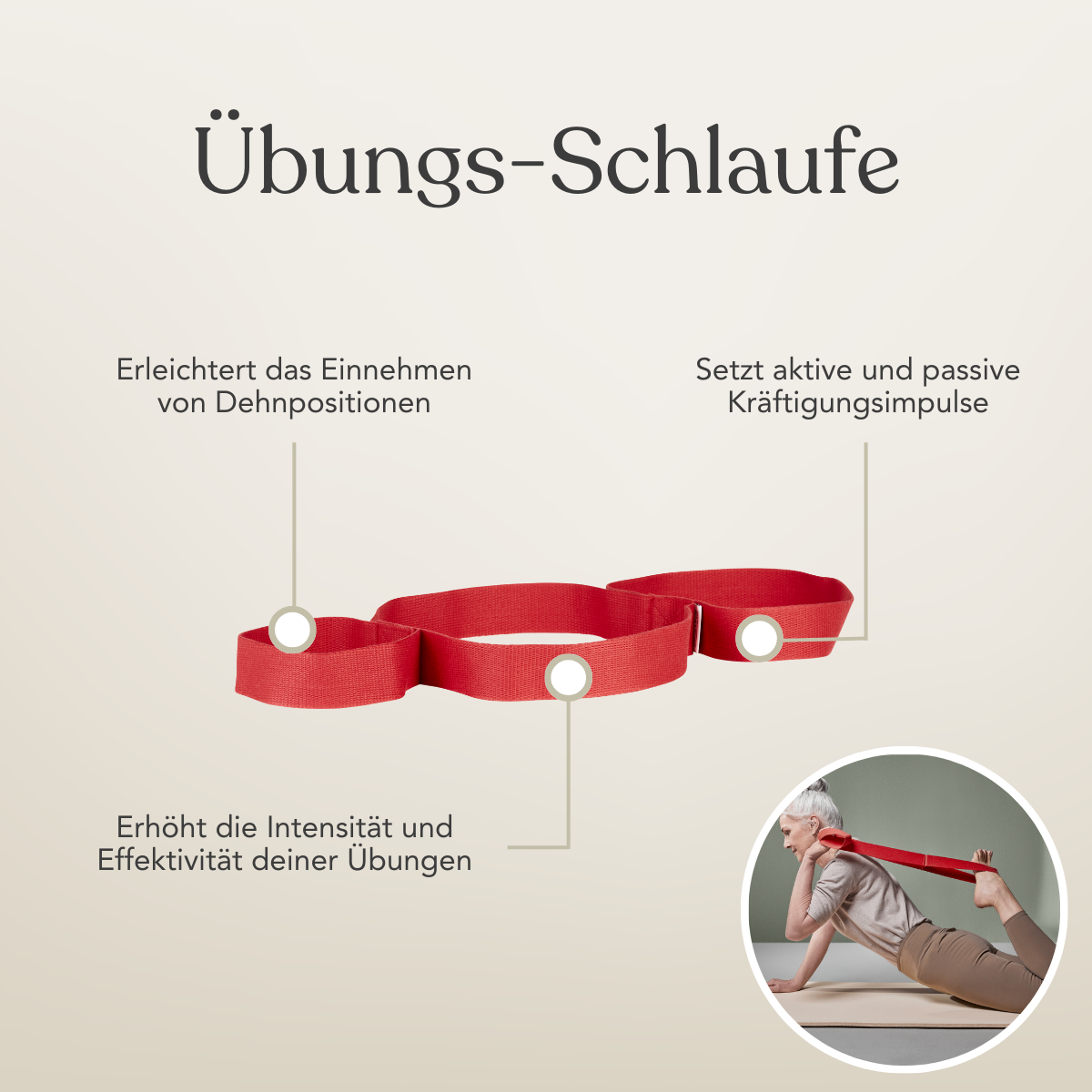 Das Liebscher & Bracht Dein Komplett-Paket bietet eine rote Übungsschlaufe mit Vorteilen wie mehr Trainingsintensität, Unterstützung bei Dehnungen und Kräftigung. Im Bild benutzt eine Frau die Schlaufe beim Dehnen als Rückenretter.