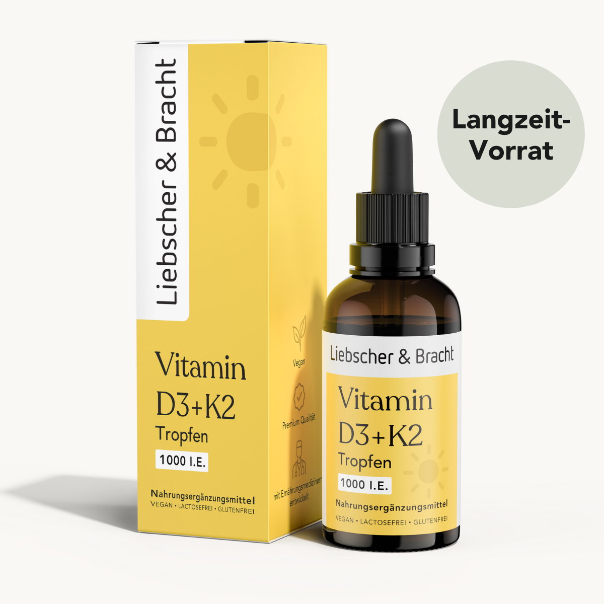 Eine Flasche und Schachtel Liebscher & Bracht Vitamin D3+K2VITAL® Tropfen (1000 I.E.), gekennzeichnet als vegan, laktosefrei, glutenfrei. Auf einem runden Etikett steht "Langzeit-Vorrat" auf Deutsch.