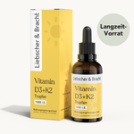 Eine Flasche und Schachtel Liebscher & Bracht Vitamin D3+K2VITAL® Tropfen (1000 I.E.), gekennzeichnet als vegan, laktosefrei, glutenfrei. Auf einem runden Etikett steht "Langzeit-Vorrat" auf Deutsch.