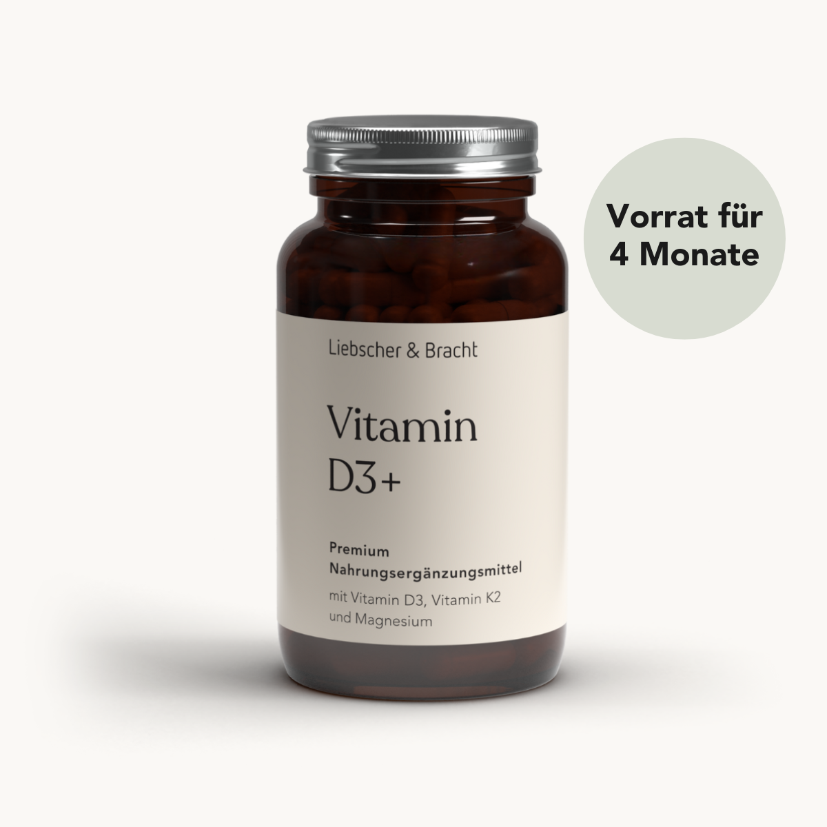 Eine braune Liebscher & Bracht-Flasche mit der Aufschrift Vitamin D3 + K2 / 2000 I.E., mit Informationen über Vitamin D3, K2 und Magnesium zur Unterstützung des Immunsystems. Auf einem grünen Kreis steht "Vorrat für 4 Monate".