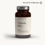 Eine braune Flasche mit der Aufschrift „Vitamin B12+ für 4 Monate“ von Liebscher & Bracht. Der Text darüber mit dem Uhrensymbol weist auf einen veganen Vorrat für 4 Monate hin, der Ihr Immunsystem unterstützt.