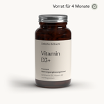 Eine braune Glasflasche mit der Aufschrift „Liebscher & Bracht Vitamin D3 + K2 / 2000 I.E.“ – ein hochwertiges Nahrungsergänzungsmittel mit Vitamin D3, K2 und Magnesium zur Unterstützung des Immunsystems. Der Text darüber lautet „Vorrat für 4 Monate“ und ist mit einem Uhrensymbol versehen.
