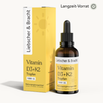 Eine gelb-weiße Schachtel und eine Tropfflasche mit der Aufschrift „Vitamin D3+K2 Tropfen“ von Liebscher & Bracht, versehen mit Symbolen für „vegan“ und „glutenfrei“ sowie dem Text „Langzeit-Vorrat“.