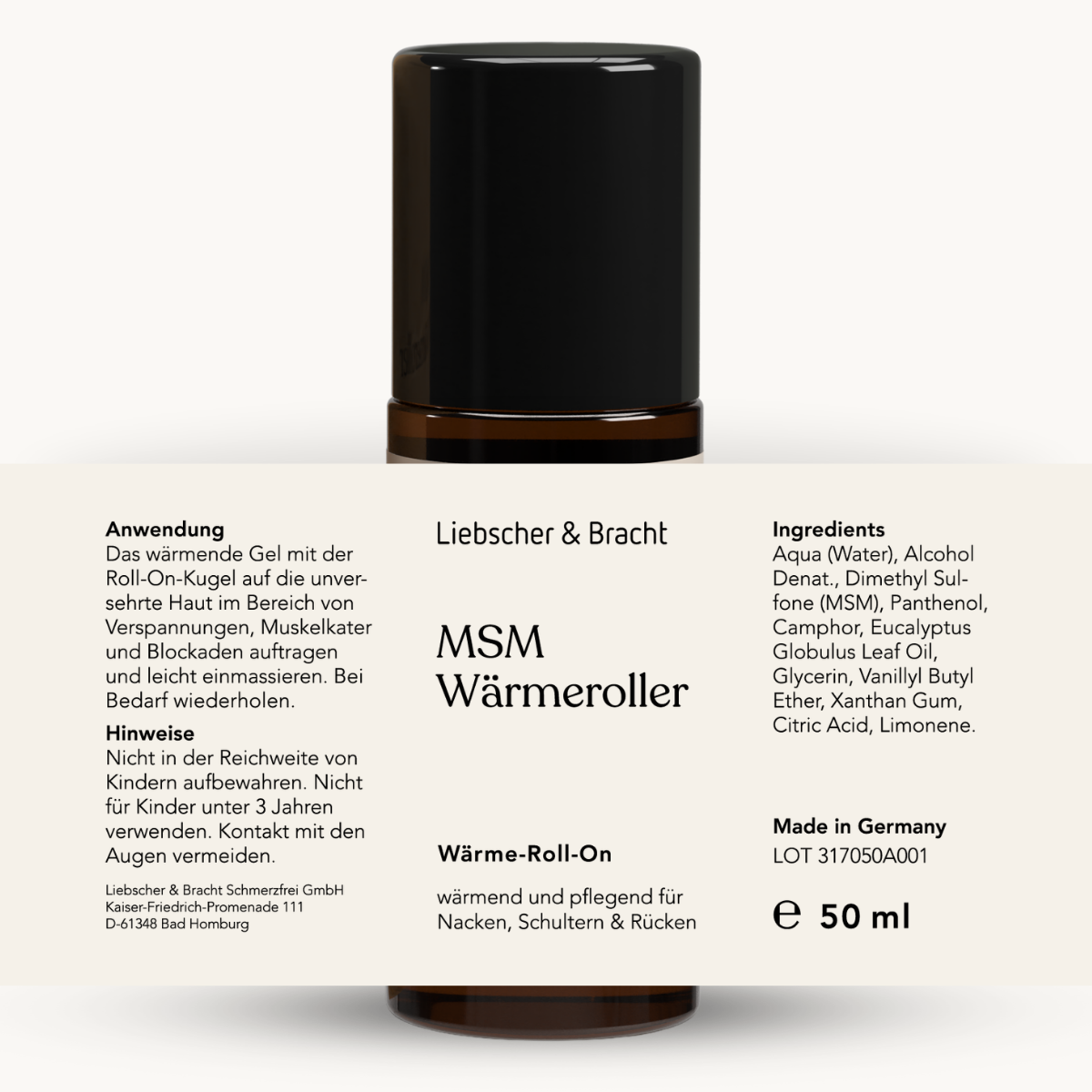 Eine braune Flasche mit der Aufschrift „Liebscher & Bracht MSM Wärmeroller“ und einem weißen Etikett mit einer deutschen Gebrauchsanweisung, den Inhaltsstoffen und Angaben zum Hersteller – ein wärmendes Roll-on-Gel aus natürlichen Inhaltsstoffen, ideal zur Entspannung und für mehr Wohlbefinden.