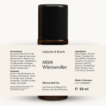 Eine braune Flasche mit der Aufschrift „Liebscher & Bracht MSM Wärmeroller“ und einem weißen Etikett mit einer deutschen Gebrauchsanweisung, den Inhaltsstoffen und Angaben zum Hersteller – ein wärmendes Roll-on-Gel aus natürlichen Inhaltsstoffen, ideal zur Entspannung und für mehr Wohlbefinden.