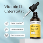 Ein Tropfer über einer Flasche mit der Aufschrift Vitamin D3+K2VITAL® Tropfen von Liebscher & Bracht. Der Text hebt die Vorteile für Knochen, Muskeln und das Immunsystem vor einem hellblauen Hintergrund hervor.