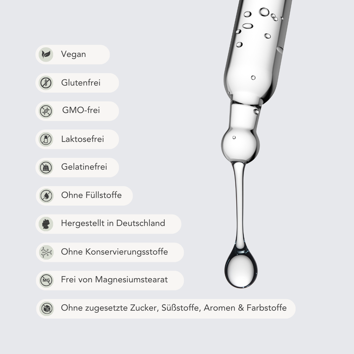 Eine Pipette mit einem Tropfen klarer Flüssigkeit neben Icons und deutschem Text hebt hervor, dass Liebscher & Bracht Vitamin D3+K2VITAL® Tropfen vegan, glutenfrei, gentechnikfrei, laktosefrei und frei von Zusatzstoffen ist.