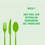 Grüne Silhouetten von Gabel, Messer und Löffel auf hellgrünem Untergrund. Auf der rechten Seite steht ein deutscher Text: Klartext Ernährung: Die Antworten auf alle wichtigen Fragen von Liebscher & Bracht - für Ernährungsexperten und Fans pflanzlicher Lebensmittel.